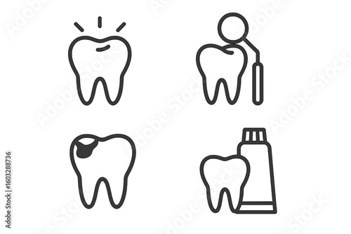 Dental care icon set. Vector line symbols for dentistry, stomatology, and oral hygiene. Includes concepts like healthy tooth, whitening, caries, decay, and dentist checkup.
