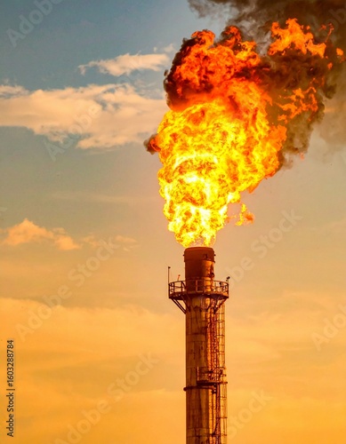 Golden Hour Flare Stack with Orange Flame & Smoke