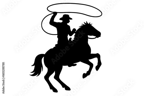 Dynamic Cowboy Silhouette with Lasso on Rearing Horse, Western Rodeo Rider Illustration, Isolated Vector, Transparent Background, Rustic Ranch Adventure, Wild West Graphic Resource