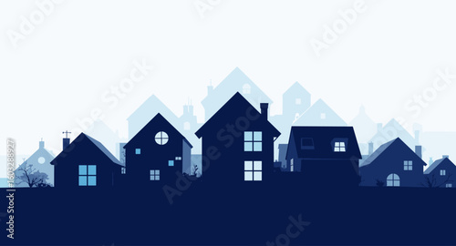 Serene suburban silhouette showcases cozy homes with glowing windows, evoking peaceful neighborhood living and real estate dreams.