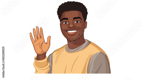 Cheerful Black Man Gesturing Hi with Waving Hand