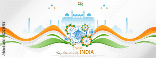 15 th August Indian Independence Day banner template design with Indian flag and Indian monument.