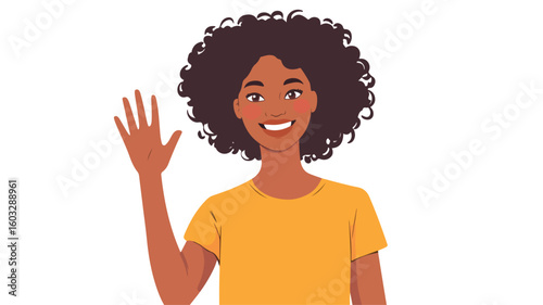 Joyful Woman Giving Greetings with Hi Gesture, Waving Happily
