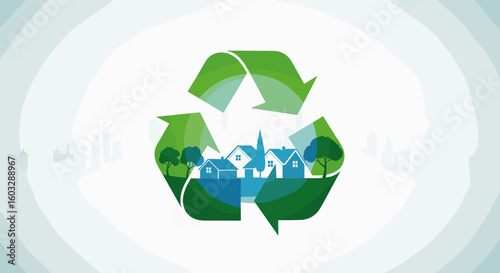 Green city living symbolized by recycling arrows encompassing eco-friendly homes and trees with cityscape silhouette