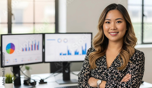 Smiling young businesswoman with crossed arms in front of computer monitors