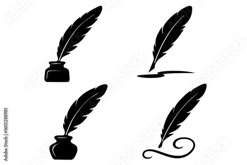 Elegant Vintage Quill Feather and Ink Pot Vector Set with Swirls and Decorative Writing Elements, Classic Calligraphy Pen Icons, Old-Fashioned Writing Feather Silhouette Design, Transparent Background