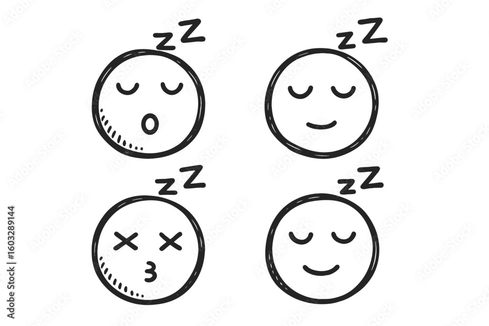 Fototapeta premium Hand Drawn Cartoon Sleepy Face Emoji Set with Zzz, Closed Eyes, Peaceful, Dreaming, Snoozing, Cute Expressions, Black and White Sketch, Doodle Style Vector Illustration on Transparent Background