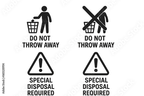 Waste disposal icon set. Do not throw away in trash bin sign. Special disposal required warning symbol. E-waste, battery, and hazardous materials recycling concept vector.