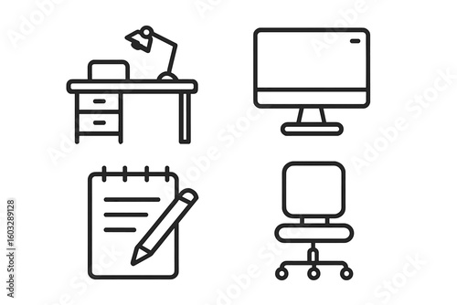 Office workplace vector icon set. Four linear icons including desk with lamp, computer monitor, notepad with pencil, and swivel chair. Editable outline for graphic design.