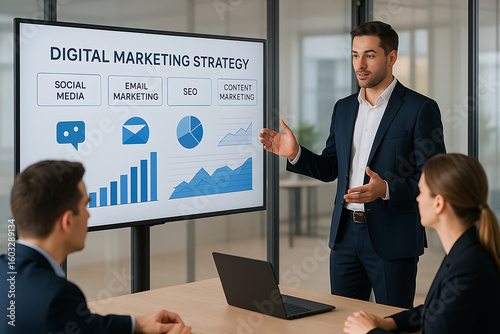 Man presenting digital marketing strategy to team in boardroom, data and chart display