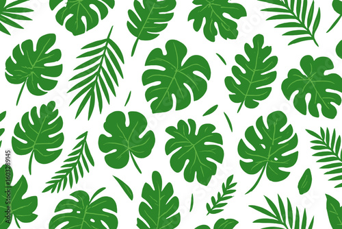 Seamless Tropical Green Leaves Pattern Background. Botanical Jungle Foliage Vector. Monstera, Palm, Exotic Plant Leaf Repeating Design. Nature Wallpaper. Lush Summer Decor. Eco Interior Texture