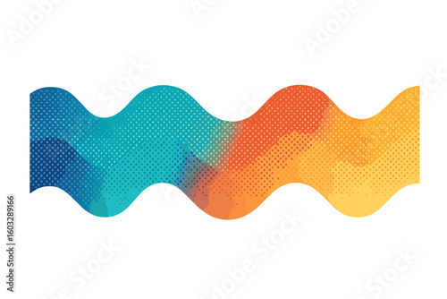 Abstract vibrant halftone gradient wave banner vector. Multicolor dotted wavy ribbon with fluid curves, teal to orange transition. Modern pop art background for creative templates.