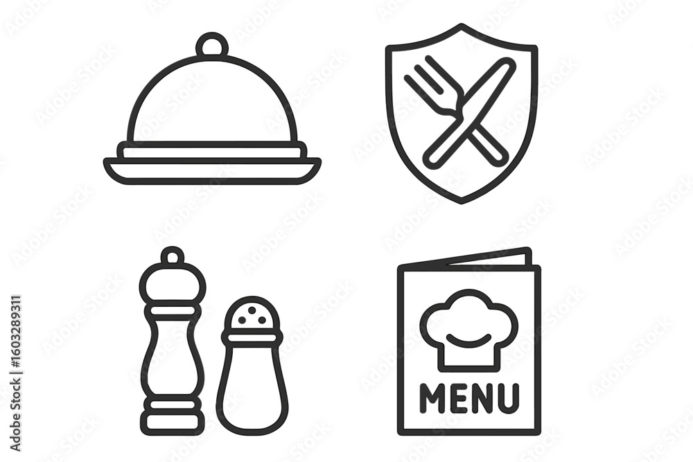 Restaurant and Food Service Line Icons Set. Menu, Food Serving, Salt and Pepper, Safety Shield. Modern Outline Style Vector. Hospitality, Cafe, Kitchen, Culinary, Meal Preparation, Dining Elements. Restaurant and Food Service Line Icons Set. Menu, Food Serving, Salt and Pepper, Safety Shield. Modern Outline Style Vector. Hospitality, Cafe, Kitchen, Culinary, Meal Preparation, Dining Elements.