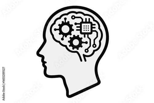 Artificial intelligence concept human head silhouette with cogwheels, microchip circuit brain, technology mind-machine interface, computing, cybernetic brain, vector illustration