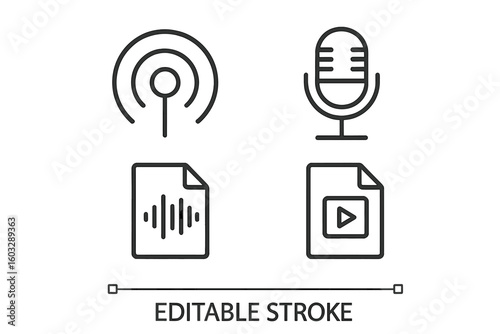 Linear Style Podcasting and Multimedia Icons Collection. Wireless Broadcast, Microphone, Audio File, Video File. Outline Pictogram Set for Podcast, Sound Recording, Media Production, Web, Applications