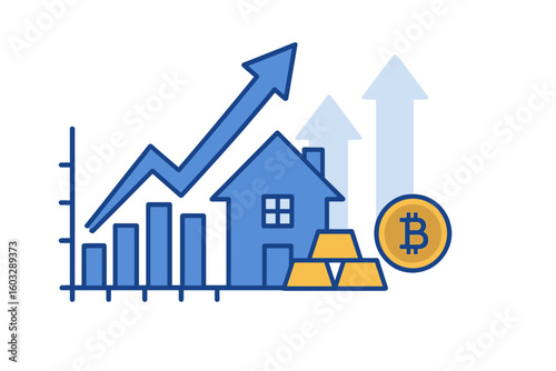 Investment portfolio growth concept. Real estate, gold, and bitcoin cryptocurrency assets. Financial success and wealth accumulation vector icon. Market boom, economic upturn.