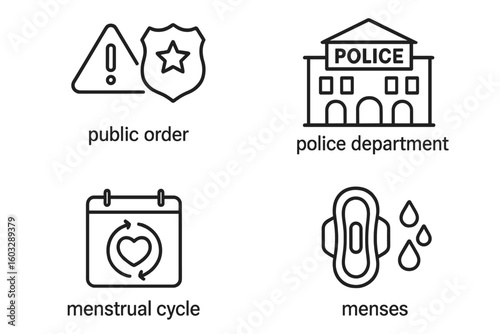 4 Linear Line Style Icons – Public Order, Police Department, Menstrual Cycle Calendar, Menses Pad with Drops, Law Enforcement, Security, Medical Period Concept, Outline Icon Collection
