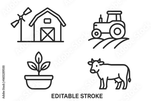 Editable Line Icons Set – Agriculture, Farming, Barn, Tractor, Livestock Cow, Seedling Plant, Rural Equipment, Agricultural Industry, Modern Farmland, Animal Husbandry, Sustainable Agriculture