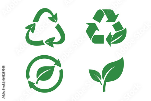 Green leaf and arrow icons for biodegradable, recyclable, organic, bio labels. Recyclable and biodegradable package stamps. Set of recycle leaves label logos vector.