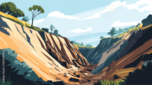 Devastating Landslide Catastrophe - Illustration of Landslip Calamity and Broken Formation in Natural Disaster