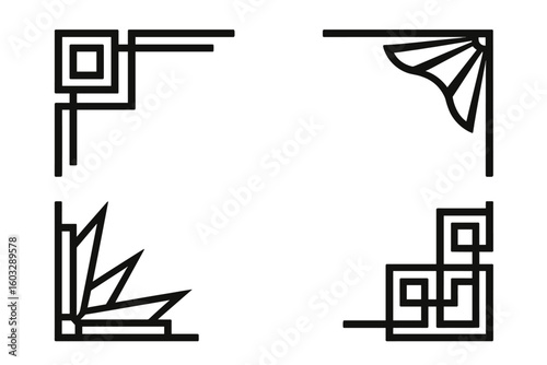 Elegant Asian-Inspired Green Bamboo Art Deco Border Corner Frame Line Patterns Vector, Modern Geometric Decorative Background, Minimalist Botanical Nature Design, Transparent PNG Clipart