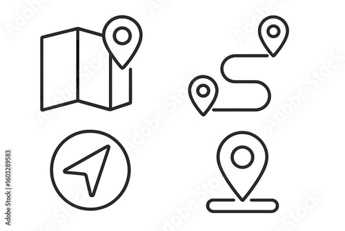 Linear Style Navigation and Map Icons Set – GPS Location Markers, Route Path, Pinpoint Destination, Direction Pointer, Map Elements for Travel, Navigation, Mapping, and Distance Concepts
