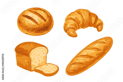 Artisan bakery bread assortment vector illustration on transparent background – crusty round boule loaf, flaky croissant, sliced soft sandwich bread loaf, golden French baguette icon collection