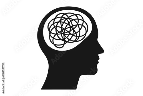 Human head silhouette with tangled knot brain concept, psychotherapy and psychological trauma illustration, mental health awareness, mood disorder, brainstorming, anxiety, and stress symbol