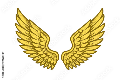 Elegant Golden Angel Wings Vector Illustration, Detailed Feather Texture, Halftone Effect, Transparent Background, Spiritual Fantasy Design, Symmetrical Divine Art for Creativity and Branding