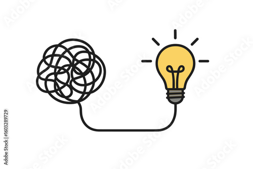 Simplifying a complex process. Problem-solving, creativity, and innovation concept. From tangled chaos to a clear idea in a lightbulb. Business solution and strategy metaphor.