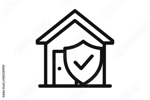 House with shield checkmark icon symbolizing secure home entrance, property insurance, smart alarm, burglary prevention, residential guarantee, protection concept vector illustration