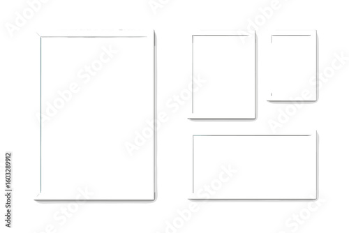 Realistic empty white photo frame mockup set. Modern minimalist blank picture frames for wall gallery display. Vector template for interior design, poster presentation.