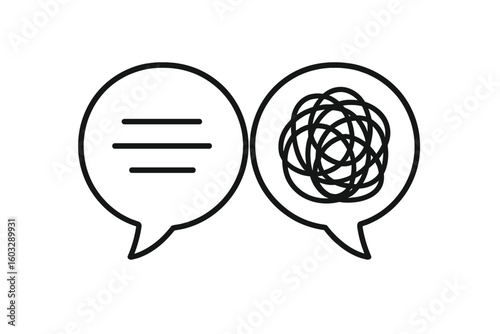 Clarity versus confusion icon. Concept of chaos and order in thoughts, from complex to simple. Problem solving and psychotherapy symbol. Communication and mental health sign.