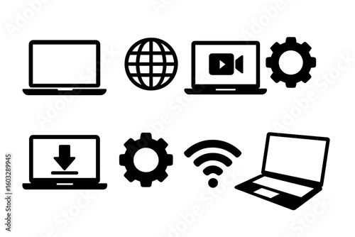 Modern Laptop and Technology Icon Set – Editable Vector Symbols of Computers, Internet, Download, WiFi, Settings, Video Call, Global Network – Isolated Black Tech Device Illustrations