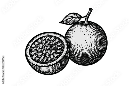 Intricate Hand Drawn Passion Fruit Vector Illustration, Detailed Exotic Tropical Fruit Whole and Halved, Seeds and Leaf, Vintage Engraved Style Isolated on Transparent Background