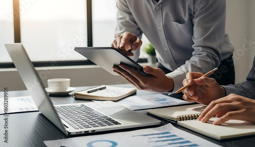 Business people analyzing data graph and finance chart to improve company performance in a modern office setting