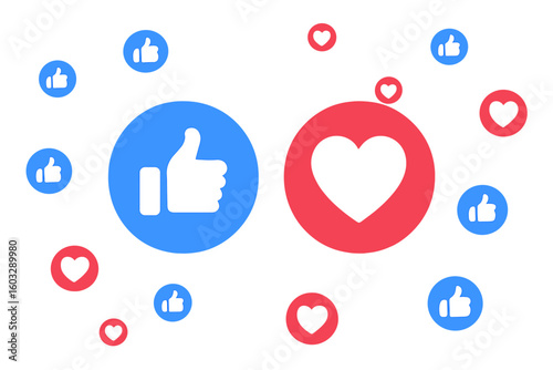 Facebook like and love heart reaction buttons. Social media notification icons for engagement and marketing. Vector illustration background for promotion and advertisement.