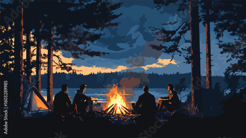 Men Friends Sitting by Night Campfire: Outdoor Adventure and Friendship