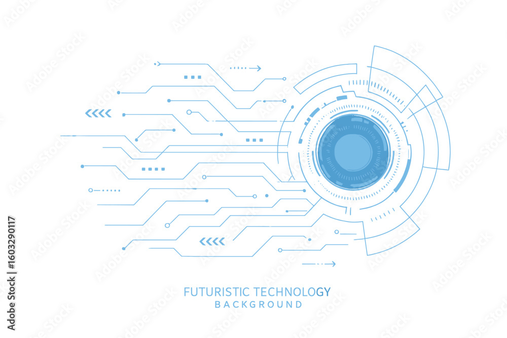 Futuristic technology background with HUD UI elements. Abstract digital cyber communication concept. AI network data circuit board vector. Science innovation graphic design.