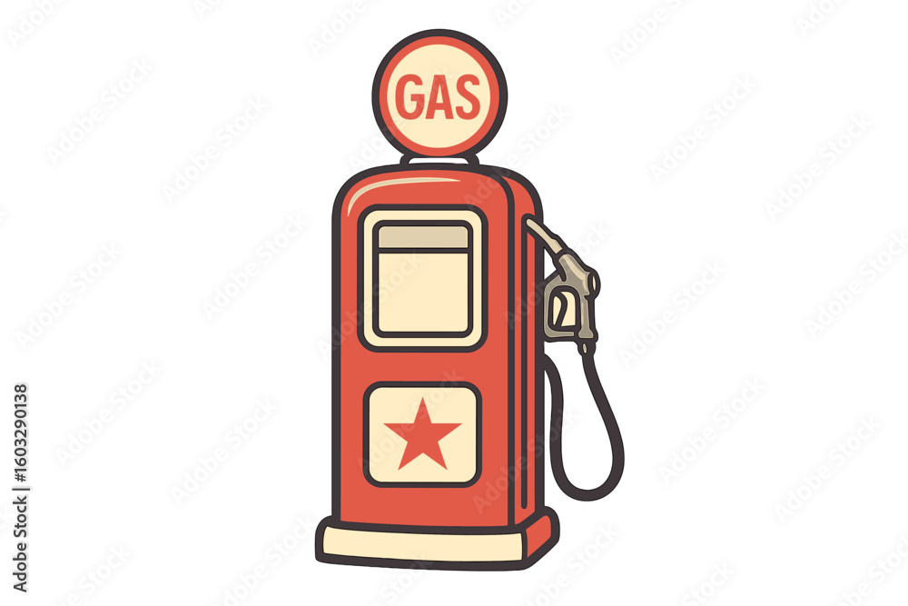 Vintage Retro Gas Pump Illustration, Classic Red Fuel Dispenser with Nozzle, Old-Fashioned Service Station Icon, Vector Clip Art, Isolated Transparent Background, Nostalgic Transportation Concept