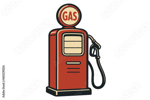 Vintage red gas pump fuel dispenser icon, retro petrol station equipment vector clipart for automotive service, road trip travel, isolated on transparent background illustration