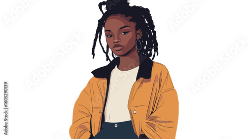 Stylish Young African American Woman in Trendy Fashion Outfit Posing Confidently