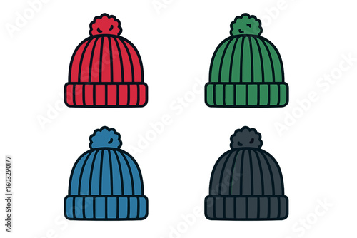 Colorful Winter Beanie Hats Vector Collection—Red, Green, Blue, and Black Knit Pom-Pom Cap Illustrations, Isolated on Transparent Background, Warm Seasonal Fashion Accessory Design Set