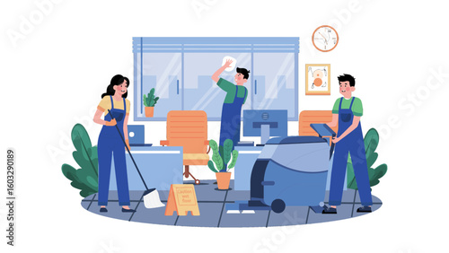 Professional cleaning crew meticulously maintaining pristine office space, ensuring spotless environment, highlighting the importance of cleanliness and hygiene today