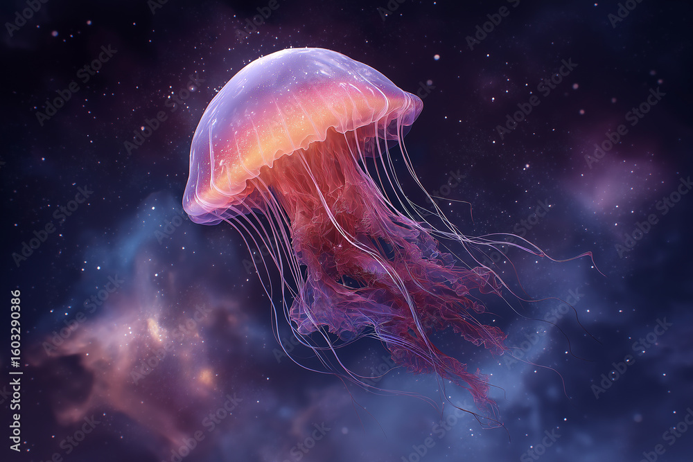 Fototapeta premium Glowing jellyfish in a starry galaxy