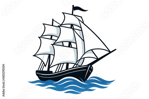 Sailing White Ship Vector Illustration on Transparent Background, Classic Tall Ship with Billowing Sails on Ocean Waves, Nautical Marine Vessel Graphic