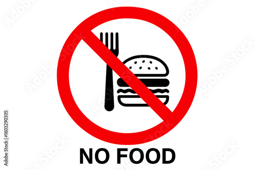No food allowed sign. Red prohibition circle symbol with hamburger and fork icon. No eating warning vector illustration. Forbidden area for public places. Isolated on white.