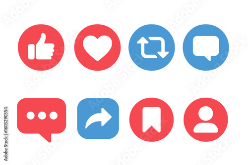 Social Media Interaction Icons Collection—Thumbs Up, Heart, Comment, Retweet, Speech Bubble, Share, Save, User Profile Button, Rounded Emoji Reactions Set, Vector Symbols
