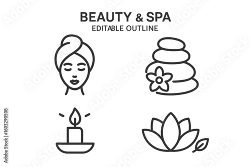 Beauty and Spa Wellness Editable Outline Vector Set. Four Conceptual Line Art Icons: Elegant Woman, Stacked Stones with Flower, Aromatherapy Candle, Lotus Flower for Web, App, Branding, Relaxation