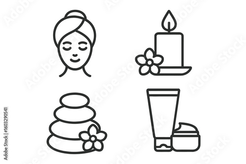 Set of 4 spa wellness outline icons: woman facial towel treatment, aromatherapy candle with flower, zen massage stones, cosmetic tube and cream. Line symbols for beauty salon app